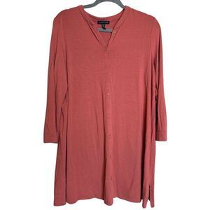 EILEEN FISHER MANDARIN COLLAR 3/4 SLEEVES BUTTONS UP TUNIC TOP SIZE L